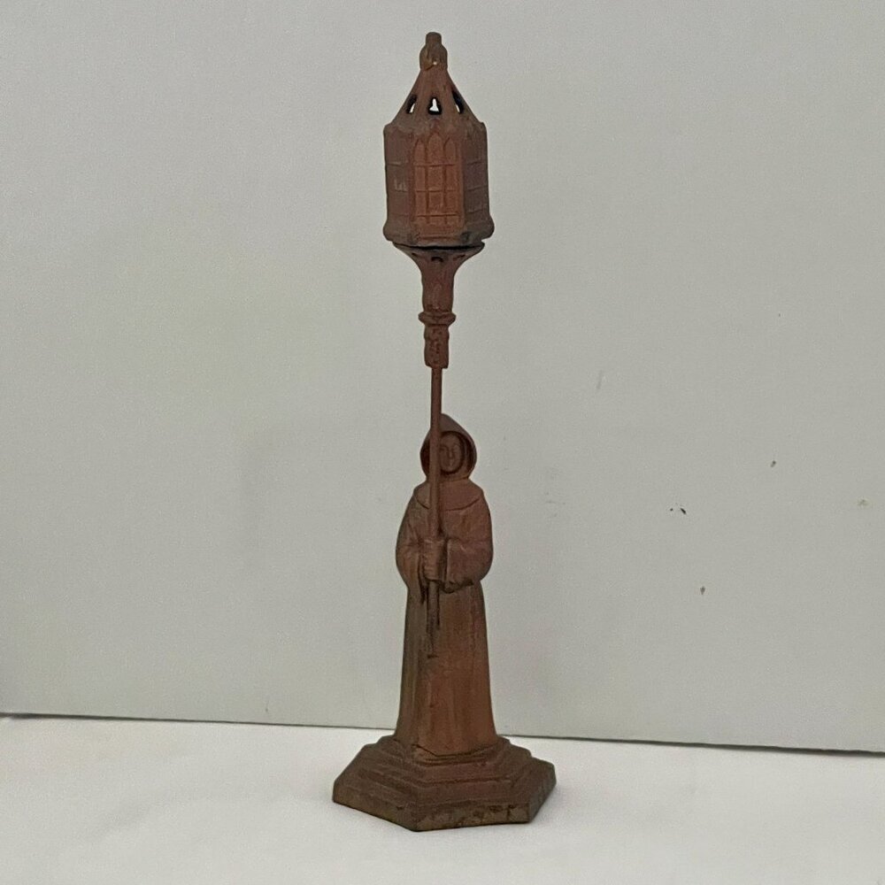 Vintage Early 20th C. Vantines Bronzed Monk Incense Burner Figurine with Lantern